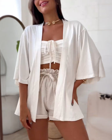 2 Pieces Outfit Halter Drawstring Ruched Crop Top and Batwing Sleeve Slit Kimono Style Cardigan